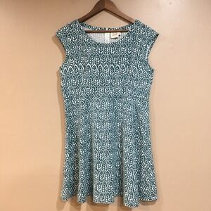 Mata Traders Fit & Flare Dress Womens XL Teal Blue White Leaf Print Sustainable